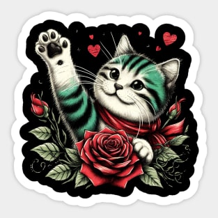 Cute Cat Paw Red Roses Sticker